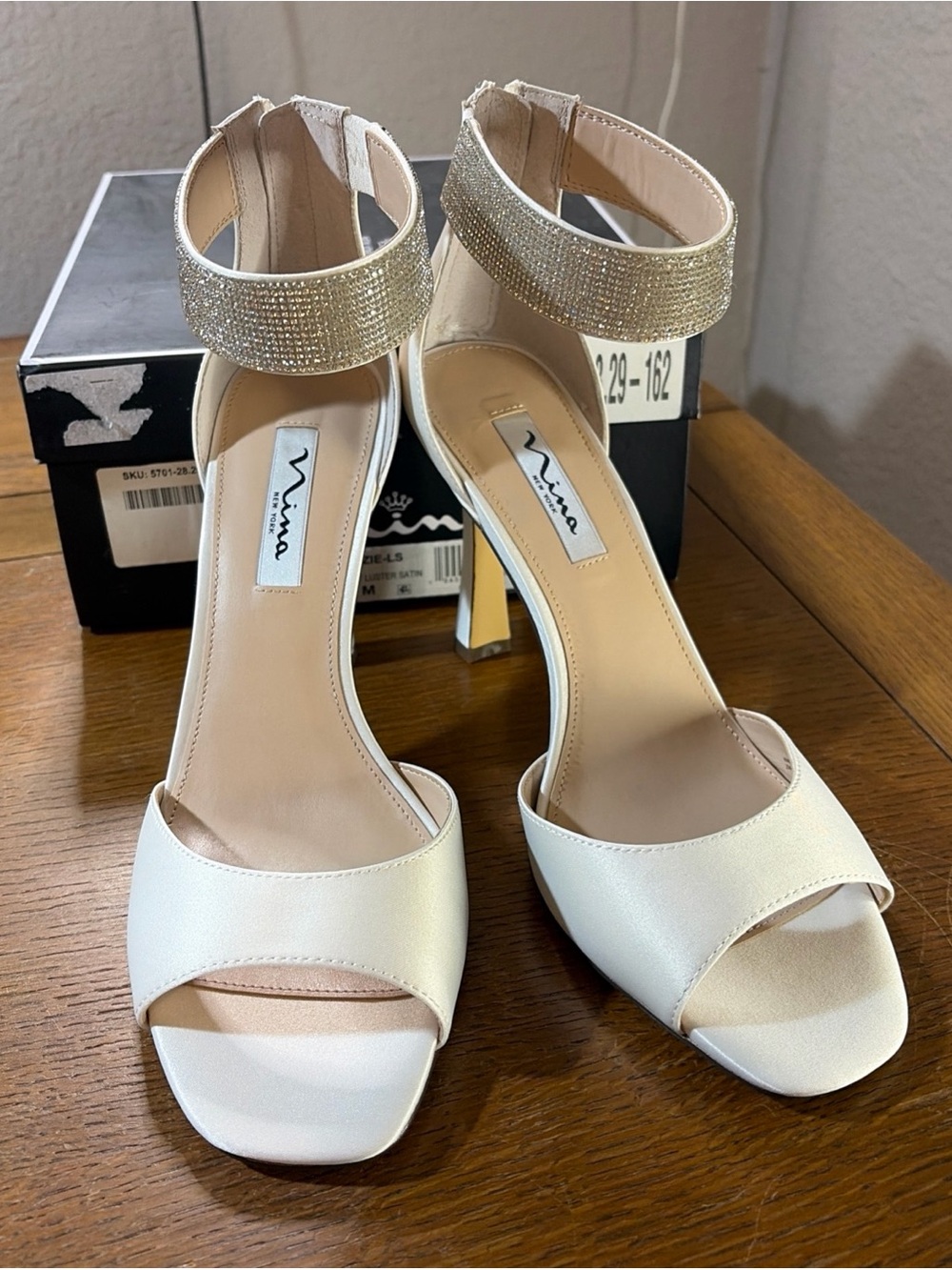 Nina Ivory Luster Dezzie Satin Open-Toe Heels with Rhinestone Ankle Cuff